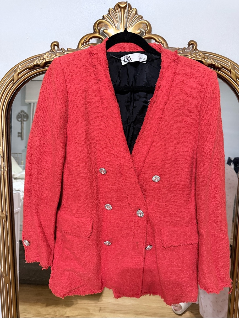 Zara Coral-Red Tweed Double-Breasted Blazer